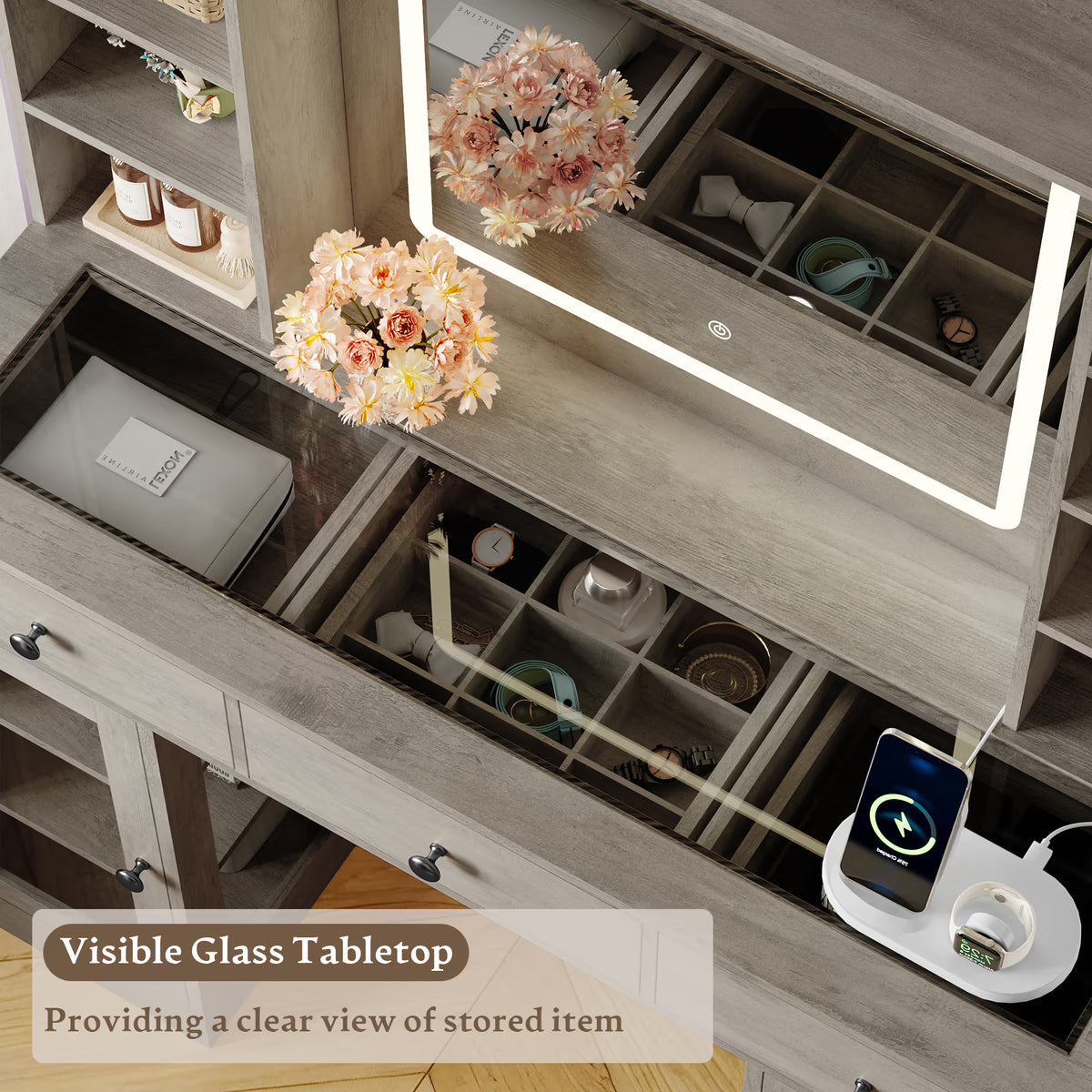 Anymaple Celeste Gray glass top vanity desk with visible glass tabletop and organized drawer storage