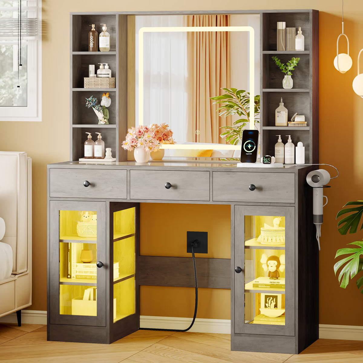 Anymaple Celeste Gray glass top vanity desk with HD lighted mirror and storage drawers for bedroom makeup organization