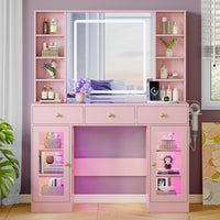 Anymaple Celeste Pink glass top vanity desk with HD lighted mirror and storage drawers for bedroom makeup organization