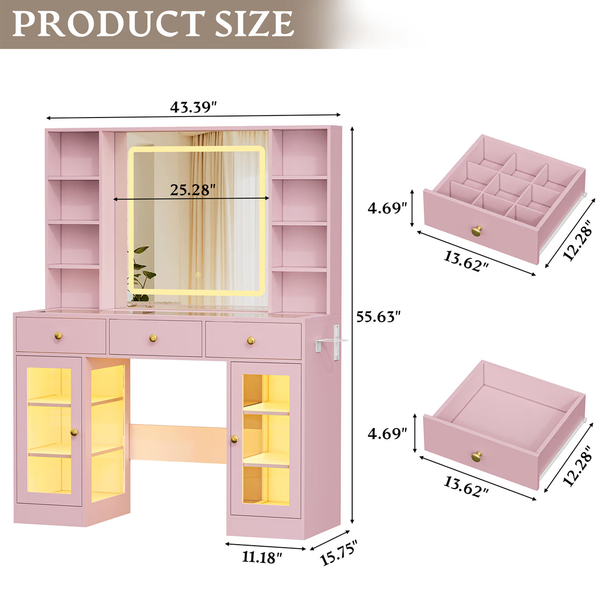 Anymaple Celeste Pink glass top vanity desk product size dimensions, 43 inch makeup vanity with lighted mirror