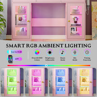 Anymaple Celeste Pink glass top vanity desk with RGB glass cabinet lighting for bedroom makeup table setup