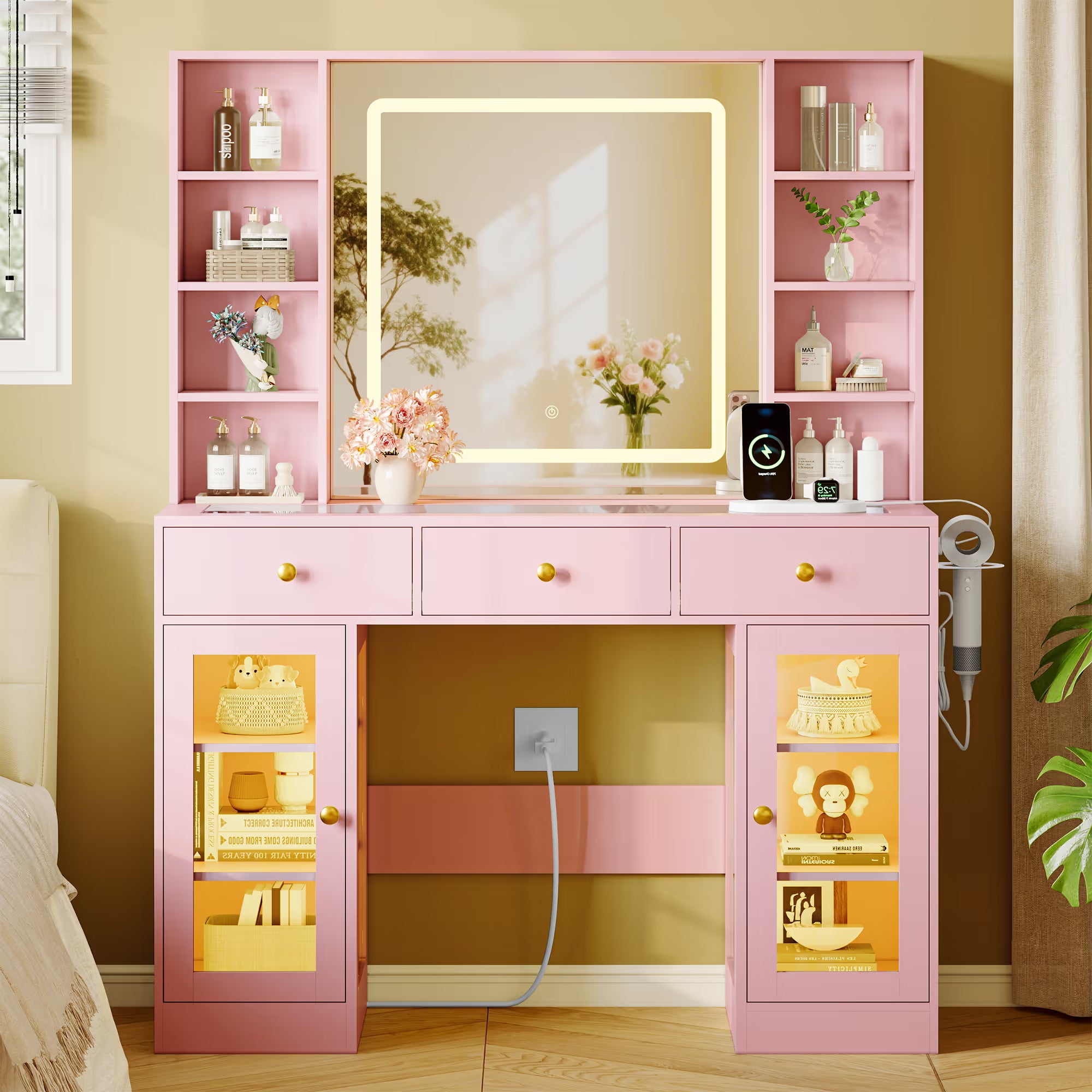 Anymaple Celeste Pink glass top vanity desk with HD lighted mirror and storage drawers for bedroom makeup organization