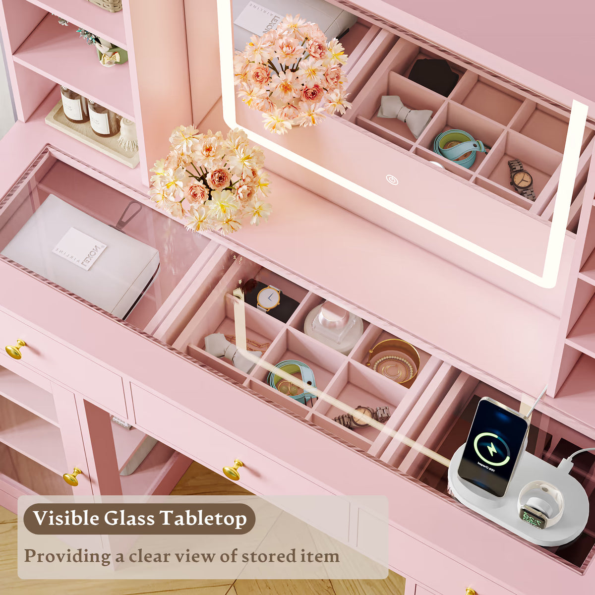Anymaple Celeste Pink glass top vanity desk with visible glass tabletop and organized drawer storage
