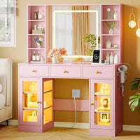 Anymaple Celeste Pink glass top vanity desk with HD lighted mirror and storage drawers for bedroom makeup organization
