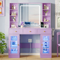 Anymaple Celeste Purple glass top vanity desk with HD lighted mirror and storage drawers for bedroom makeup organization