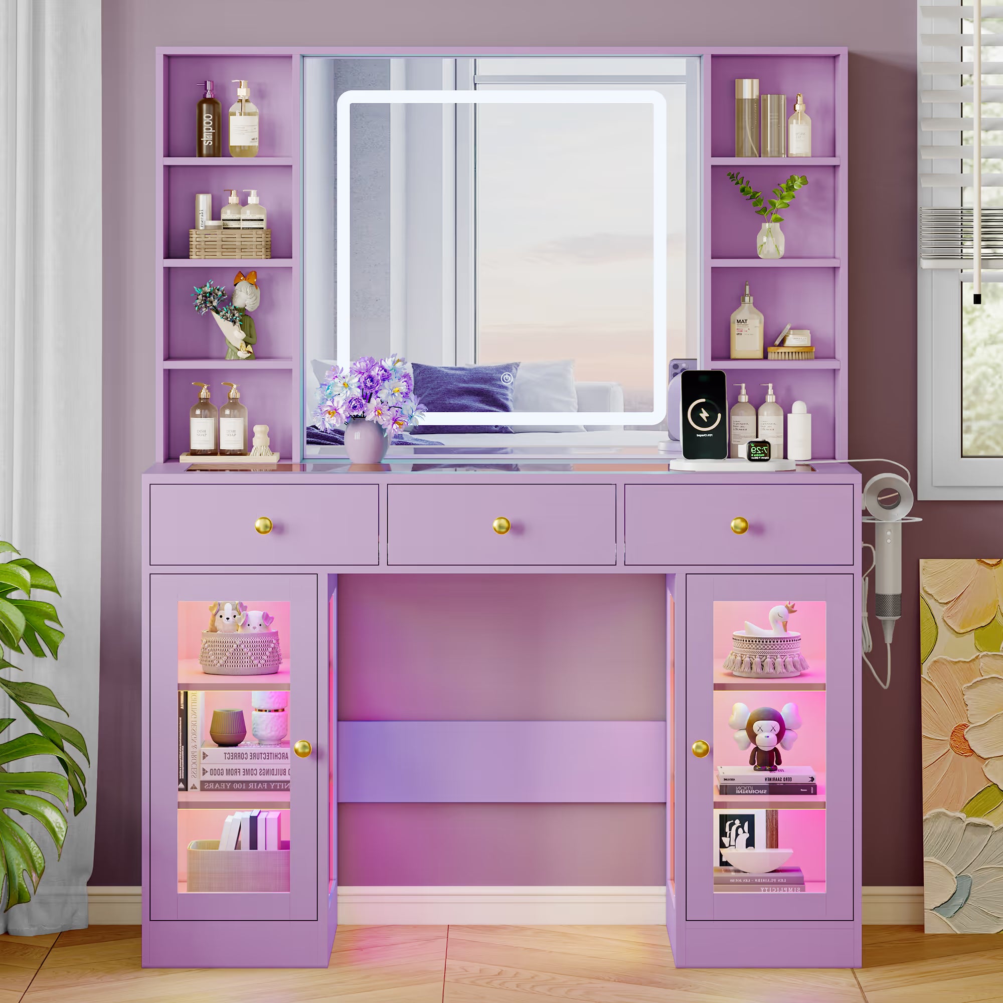 Anymaple Celeste Purple glass top vanity desk with HD lighted mirror and storage drawers for bedroom makeup organization