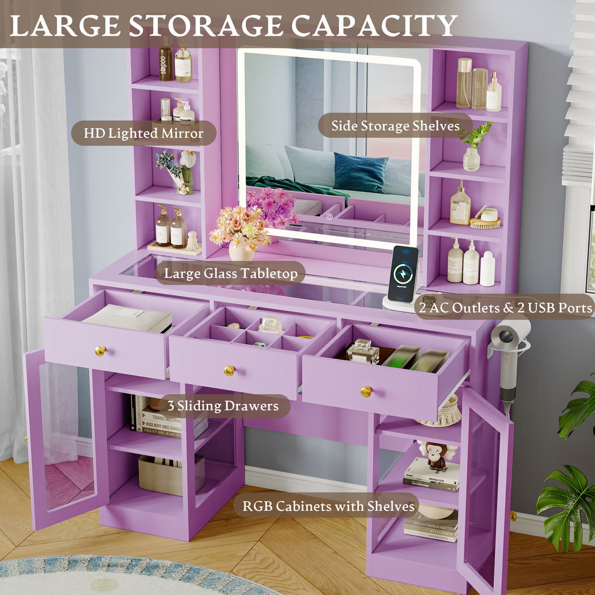 Anymaple Celeste Purple glass top vanity desk with 3 drawers, side shelves and RGB cabinet storage for cosmetics