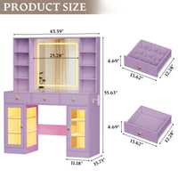 Anymaple Celeste Purple glass top vanity desk product size dimensions, 43 inch makeup vanity with lighted mirror