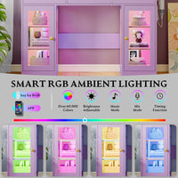 Anymaple Celeste Purple glass top vanity desk with RGB glass cabinet lighting for bedroom makeup table setup