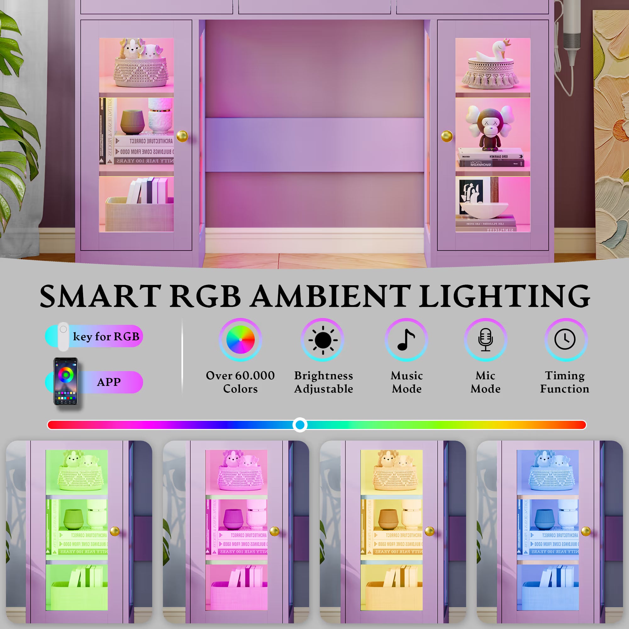 Anymaple Celeste Purple glass top vanity desk with RGB glass cabinet lighting for bedroom makeup table setup