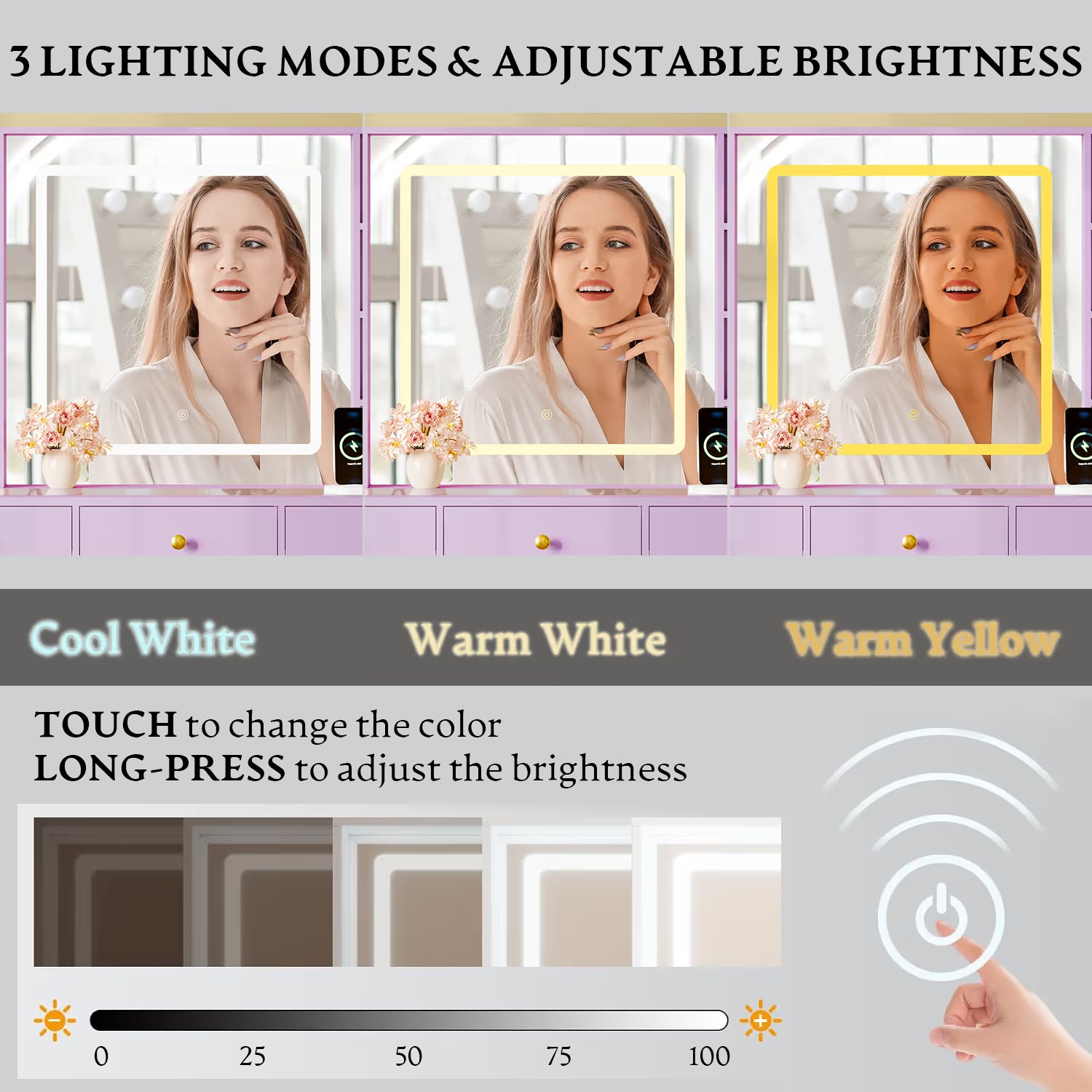 Anymaple Celeste Purple glass top vanity desk with HD lighted mirror, 3 lighting modes and adjustable brightness