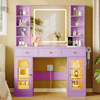 Anymaple Celeste Purple glass top vanity desk with HD lighted mirror and storage drawers for bedroom makeup organization