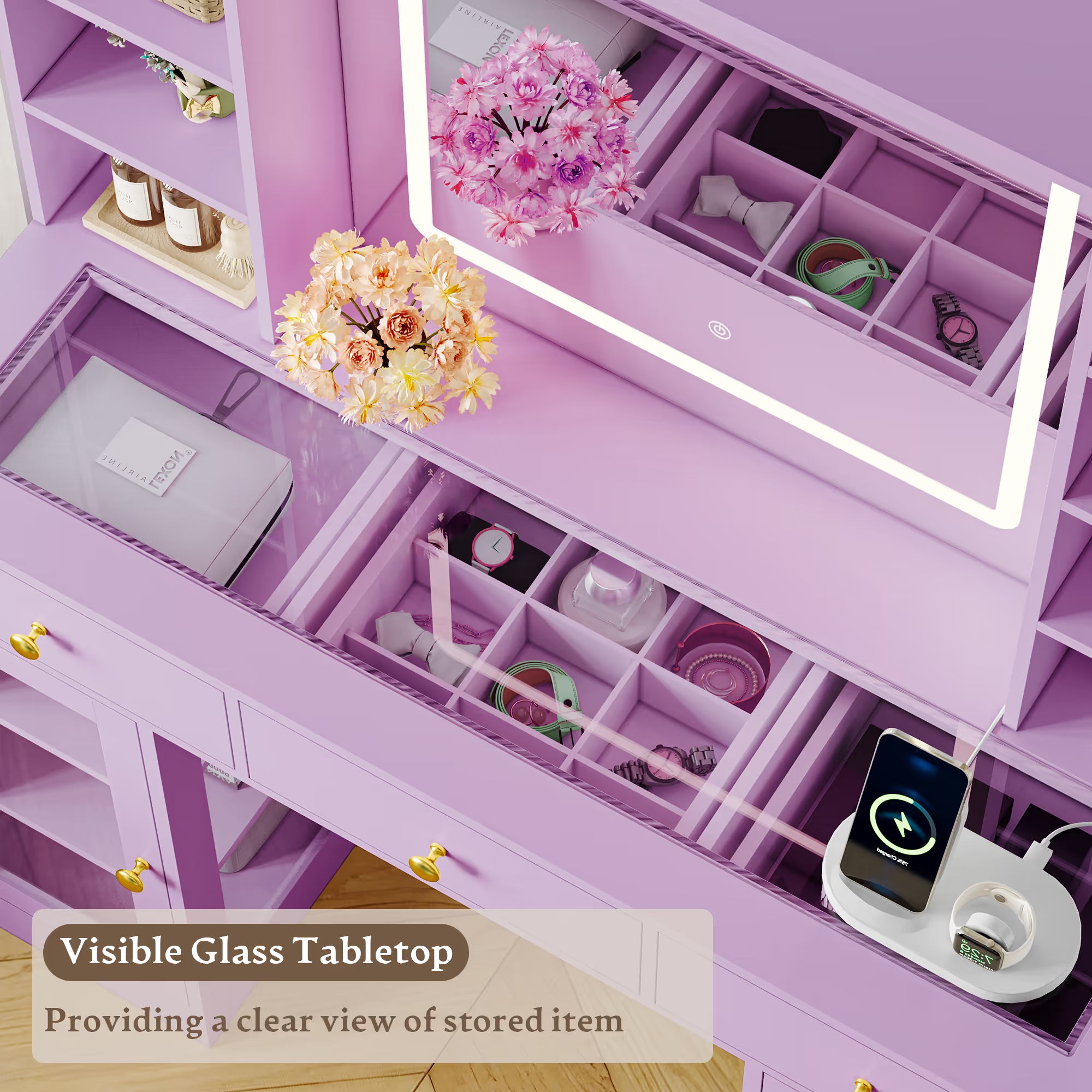 Anymaple Celeste Purple glass top vanity desk with visible glass tabletop and organized drawer storage
