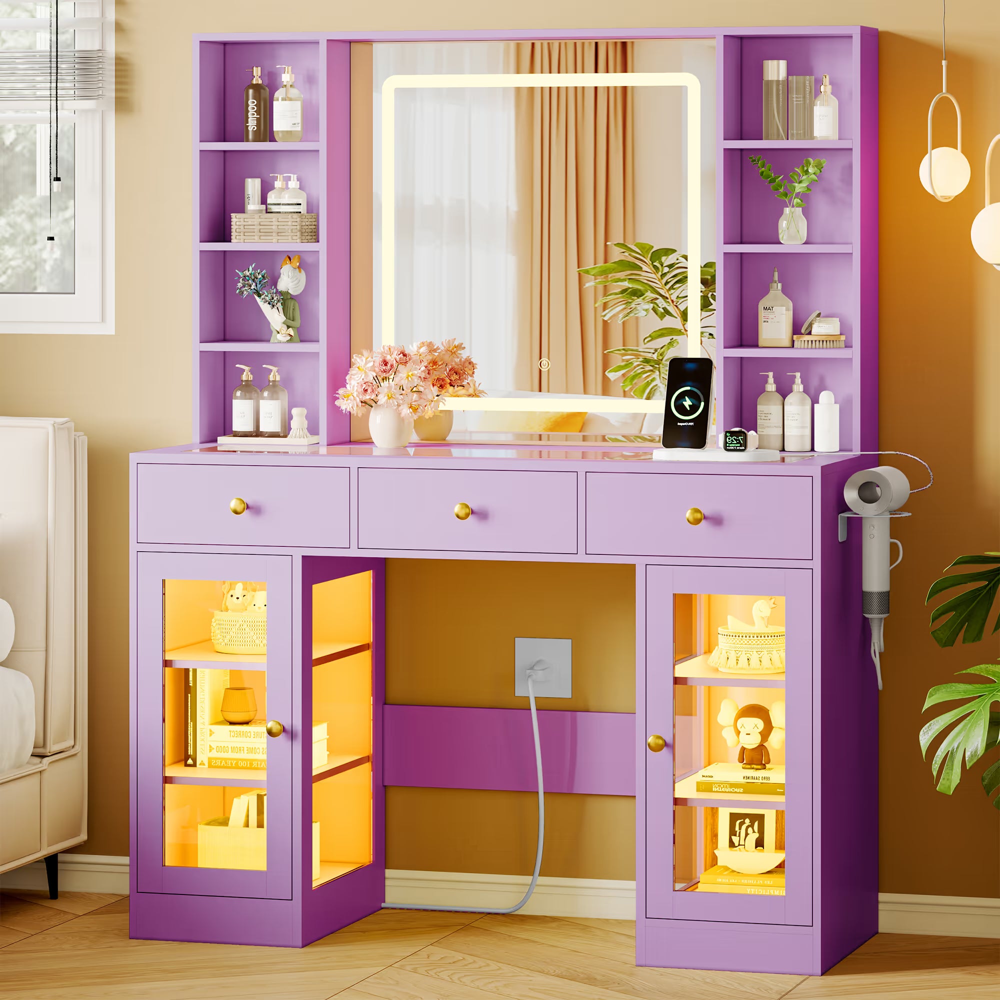 Anymaple Celeste Purple glass top vanity desk with HD lighted mirror and storage drawers for bedroom makeup organization