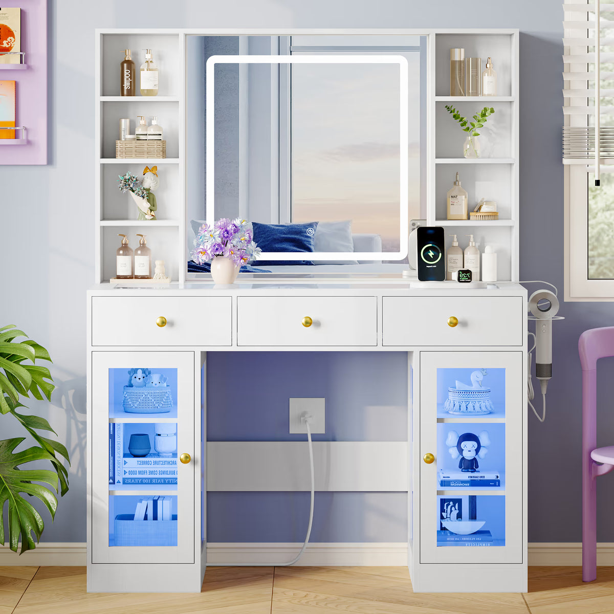 Anymaple Celeste White glass top vanity desk with HD lighted mirror and storage drawers for bedroom makeup organization