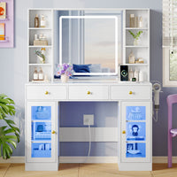 Anymaple Celeste White glass top vanity desk with HD lighted mirror and storage drawers for bedroom makeup organization