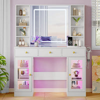 Anymaple Celeste White glass top vanity desk with HD lighted mirror and storage drawers for bedroom makeup organization