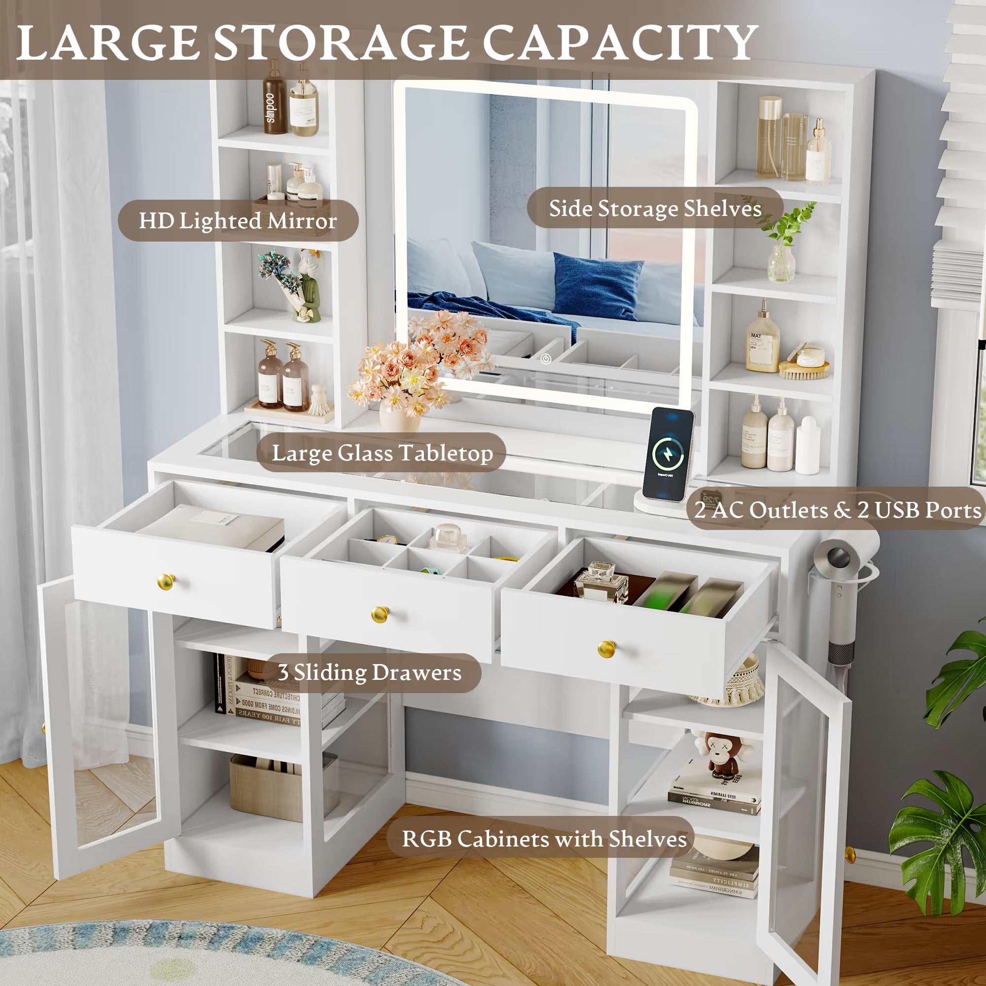 Anymaple Celeste White glass top vanity desk with 3 drawers, side shelves and RGB cabinet storage for cosmetics