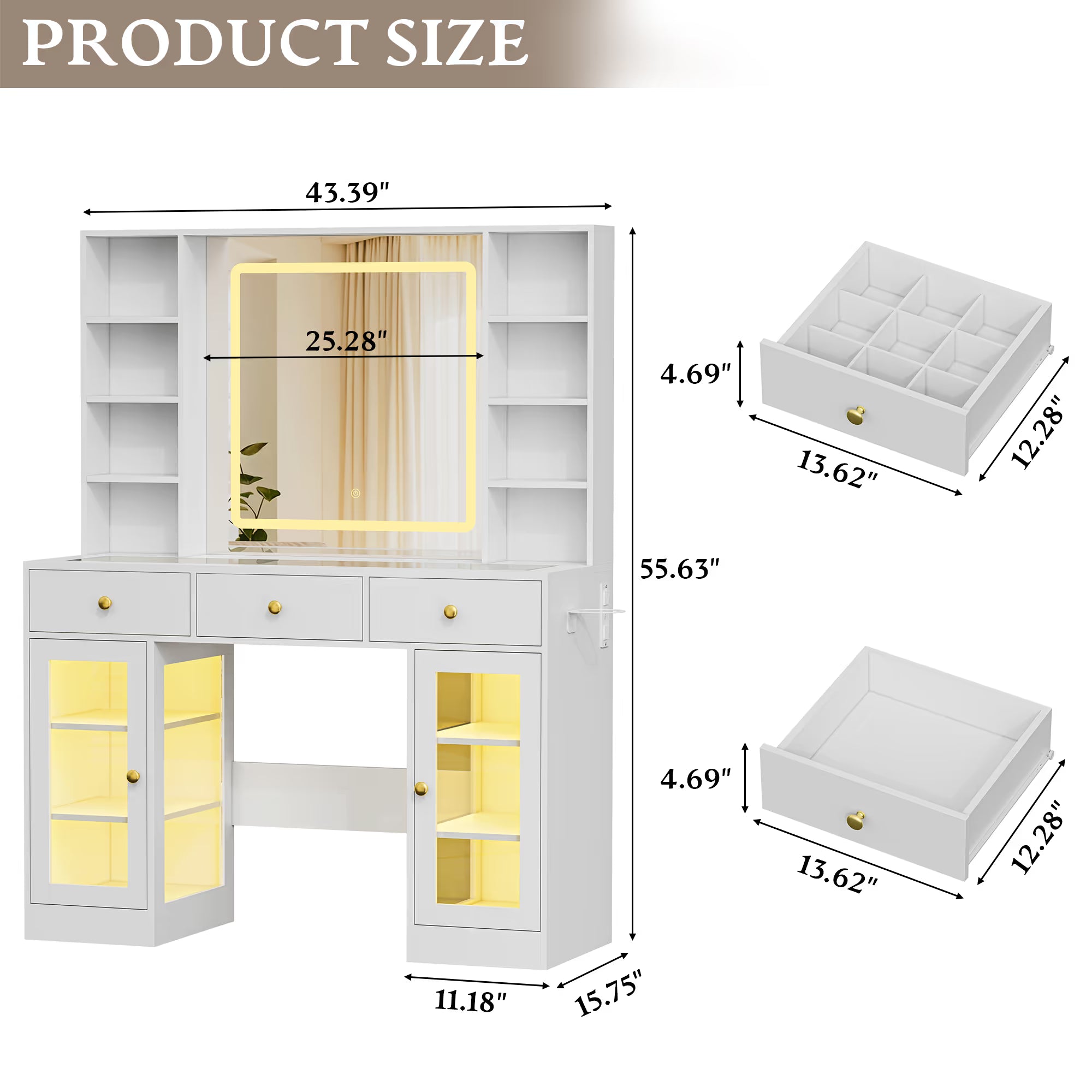 Anymaple Celeste White glass top vanity desk product size dimensions, 43 inch makeup vanity with lighted mirror