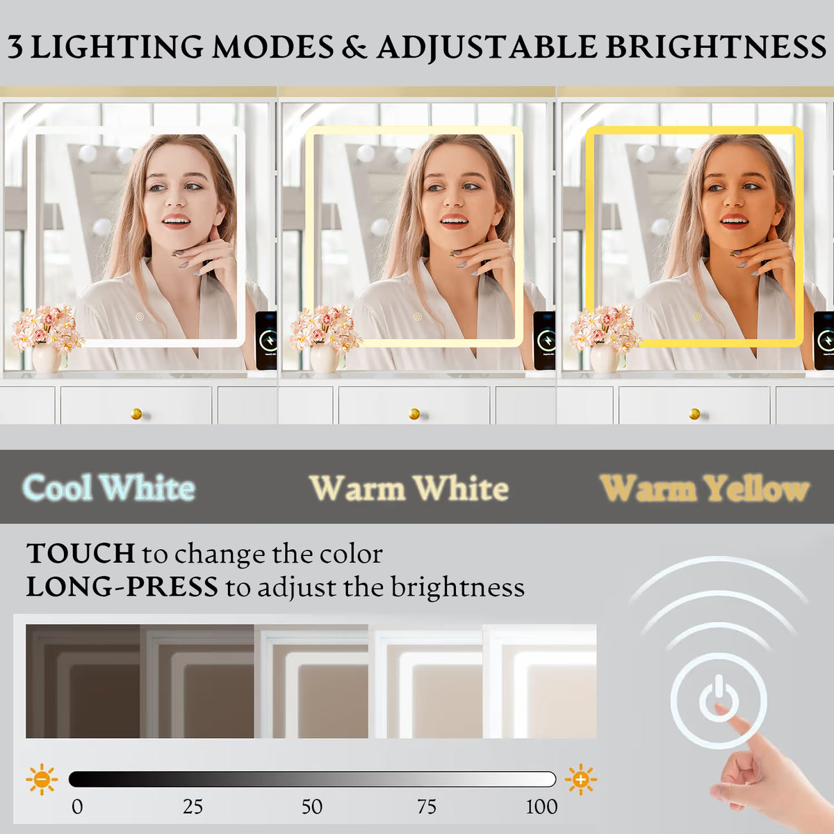 Anymaple Celeste White glass top vanity desk with HD lighted mirror, 3 lighting modes and adjustable brightness
