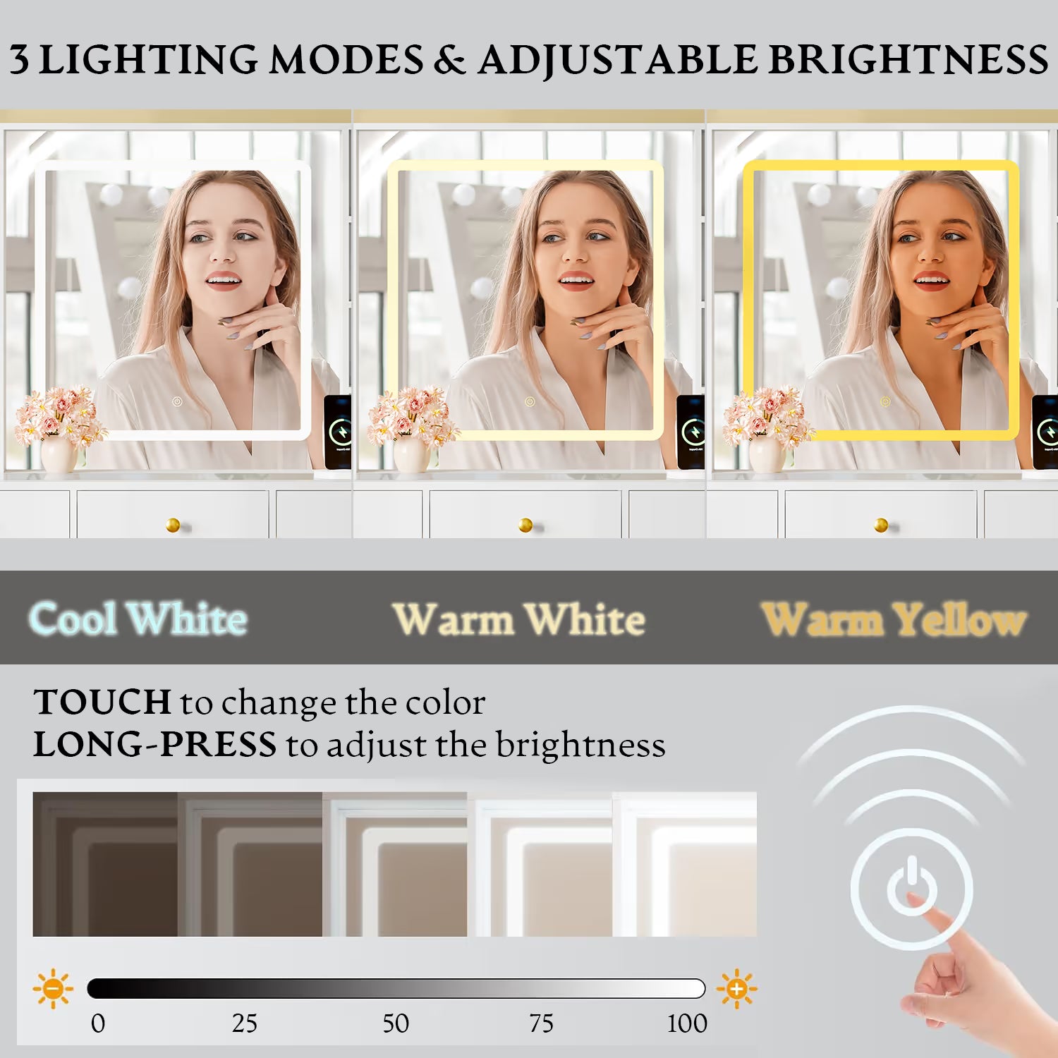 Anymaple Celeste White glass top vanity desk with HD lighted mirror, 3 lighting modes and adjustable brightness