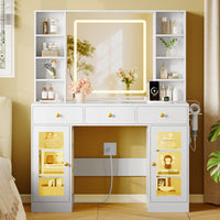 Anymaple Celeste White glass top vanity desk with HD lighted mirror and storage drawers for bedroom makeup organization