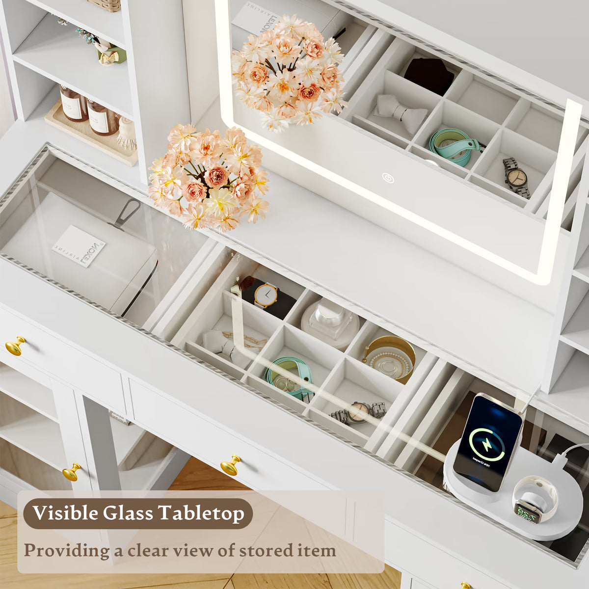 Anymaple Celeste White glass top vanity desk with visible glass tabletop and organized drawer storage