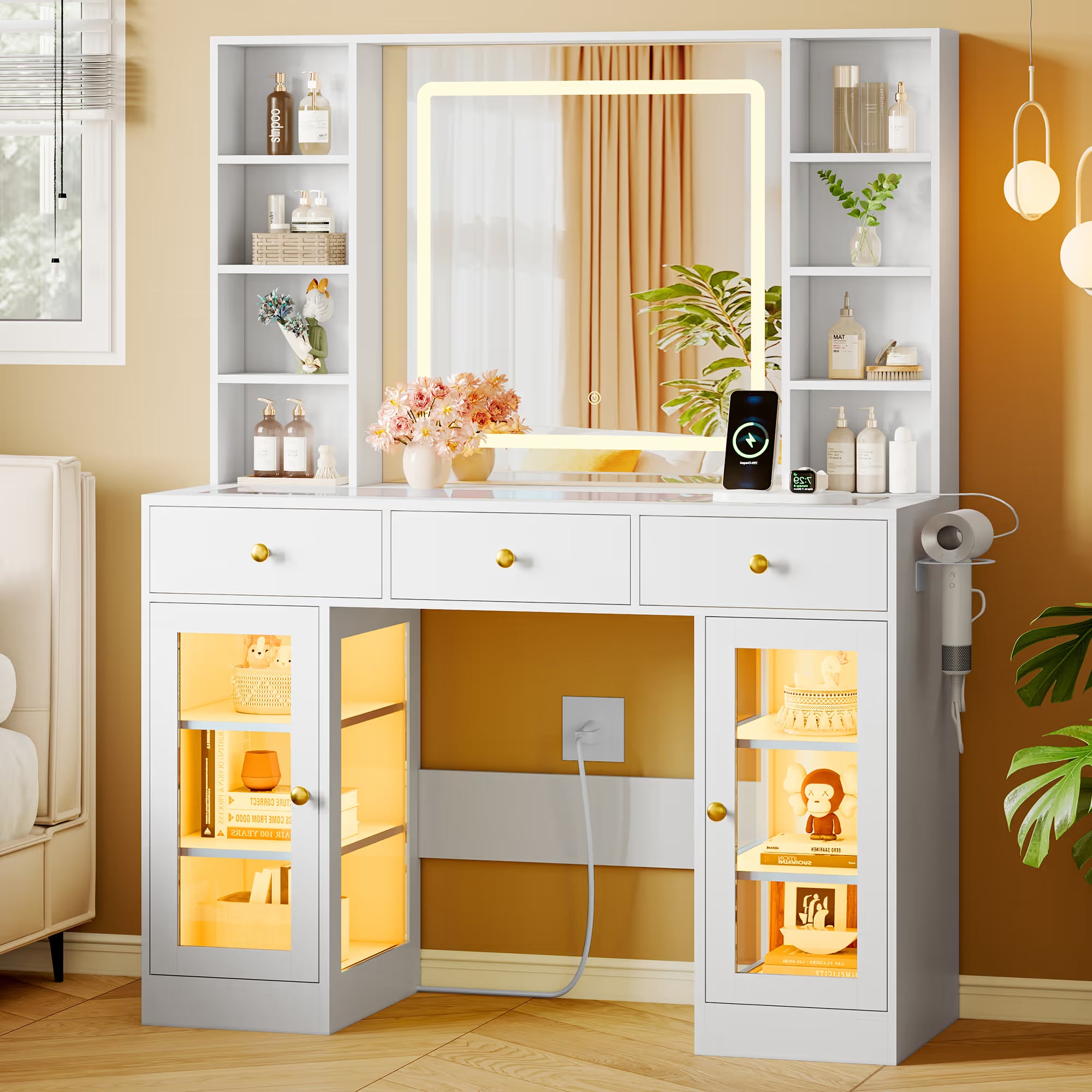 Anymaple Celeste White glass top vanity desk with HD lighted mirror and storage drawers for bedroom makeup organization
