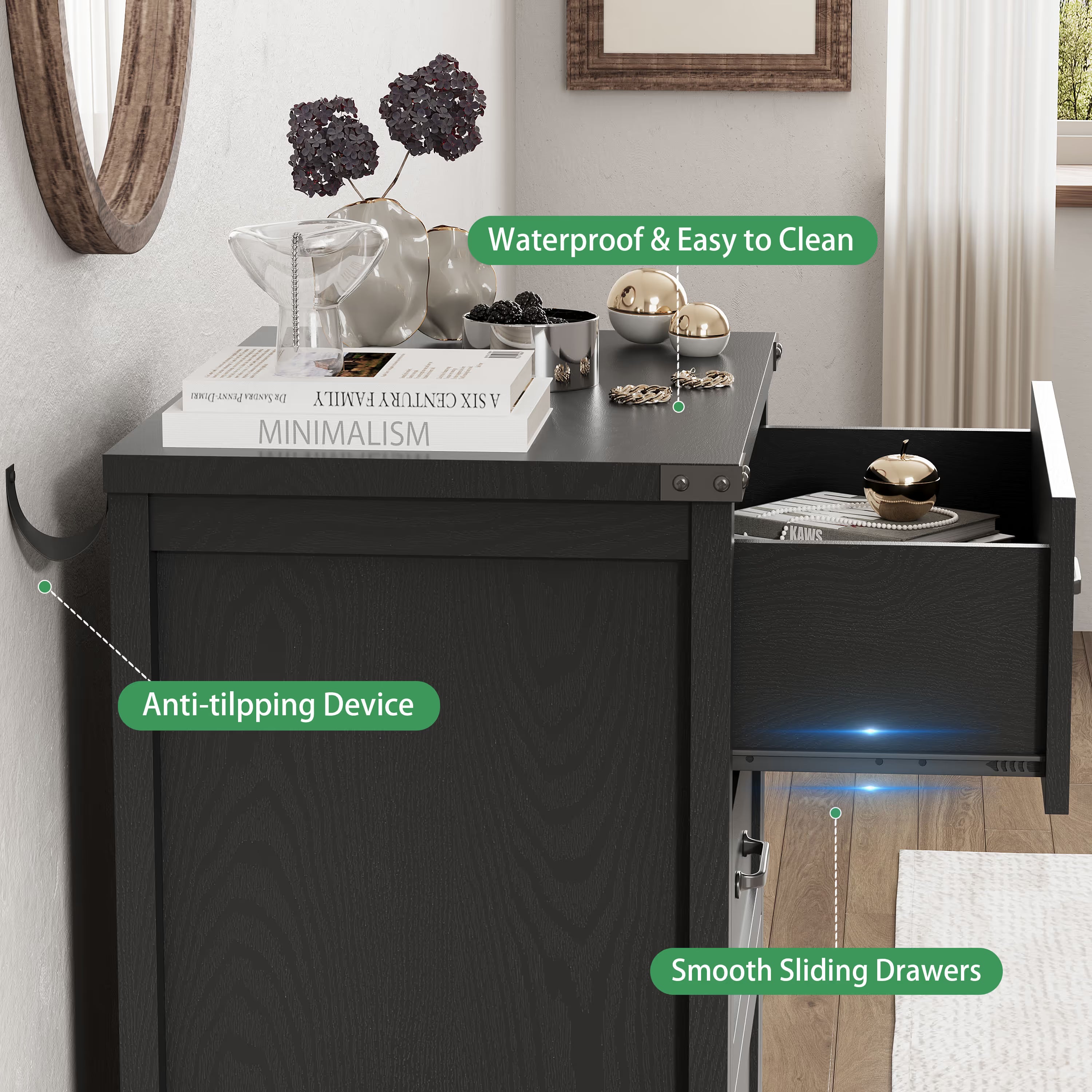 Anymaple Marlow Collection Black 3-drawer compact dresser with deep storage drawers and black metal handles, anti-tipping and easy-clean detail