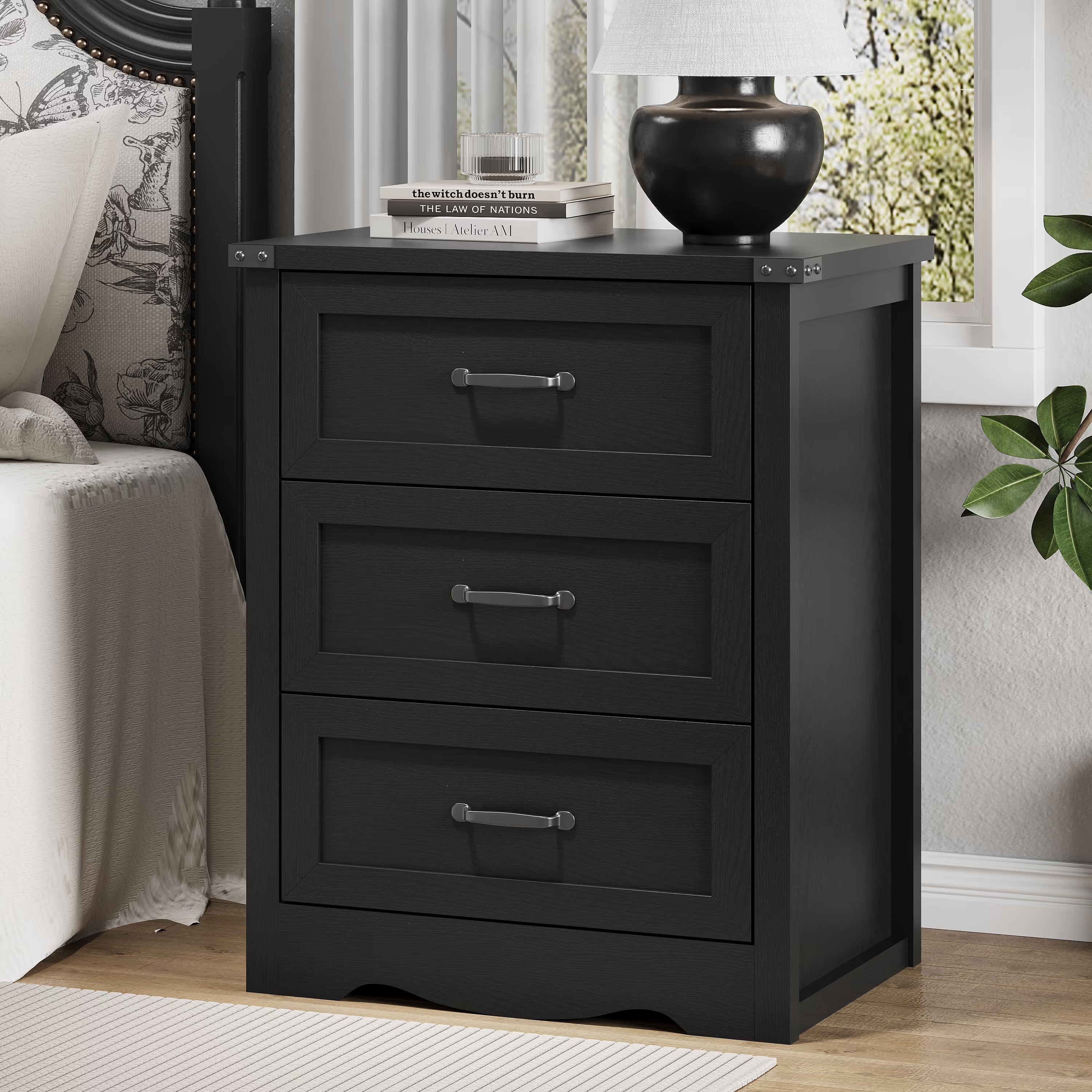 Anymaple Marlow Collection Black 3-drawer compact dresser with deep storage drawers and black metal handles, bedroom main view