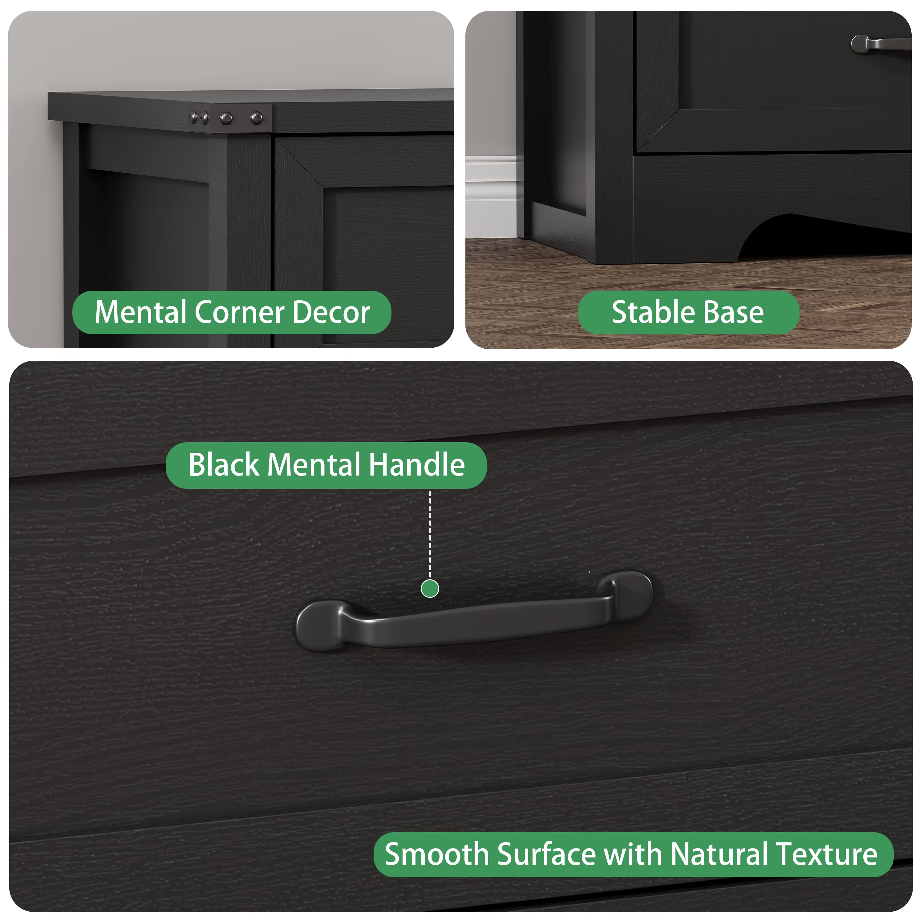 Anymaple Marlow Collection Black 3-drawer compact dresser with deep storage drawers and black metal handles, metal handle and smooth drawer detail