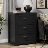 Anymaple Marlow Collection Black 3-drawer compact dresser with deep storage drawers and black metal handles, nightstand or side table view