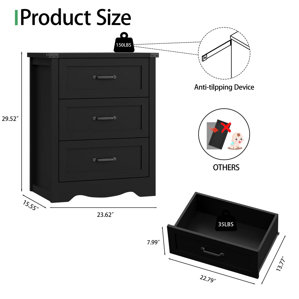 Anymaple Marlow Collection Black 3-drawer compact dresser product size dimensions, 24 inch bedroom chest of drawers