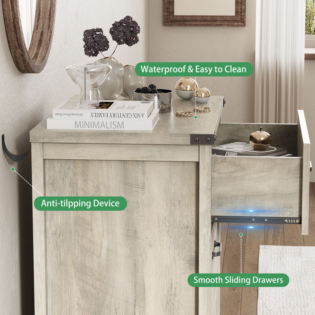 Anymaple Marlow Collection Gray 3-drawer compact dresser with deep storage drawers and black metal handles, anti-tipping and easy-clean detail