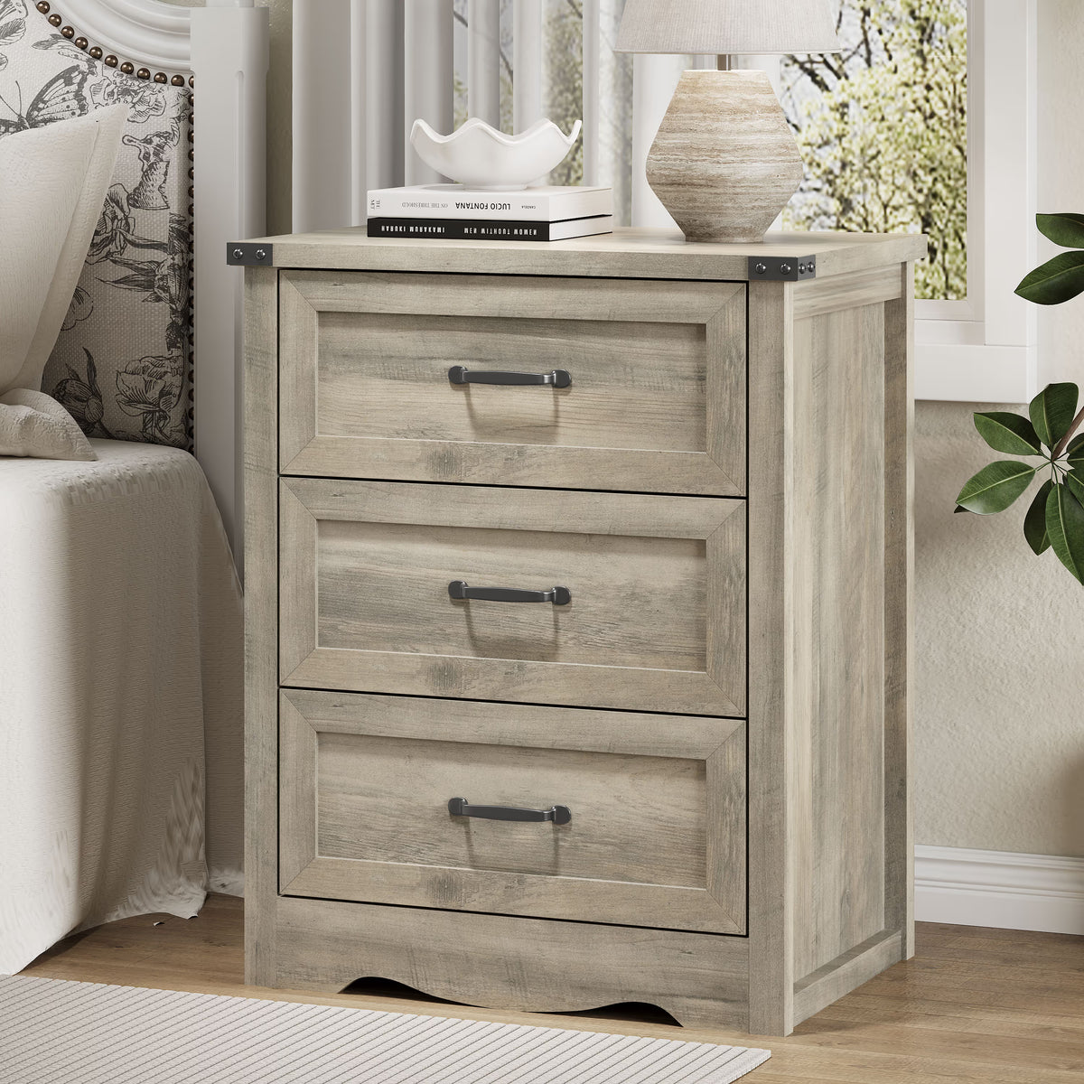 Anymaple Marlow Collection Gray 3-drawer compact dresser with deep storage drawers and black metal handles, bedroom main view