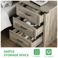 Anymaple Marlow Collection Gray 3-drawer compact dresser with deep storage drawers and black metal handles, open drawer storage view