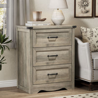 Anymaple Marlow Collection Gray 3-drawer compact dresser with deep storage drawers and black metal handles, nightstand or side table view