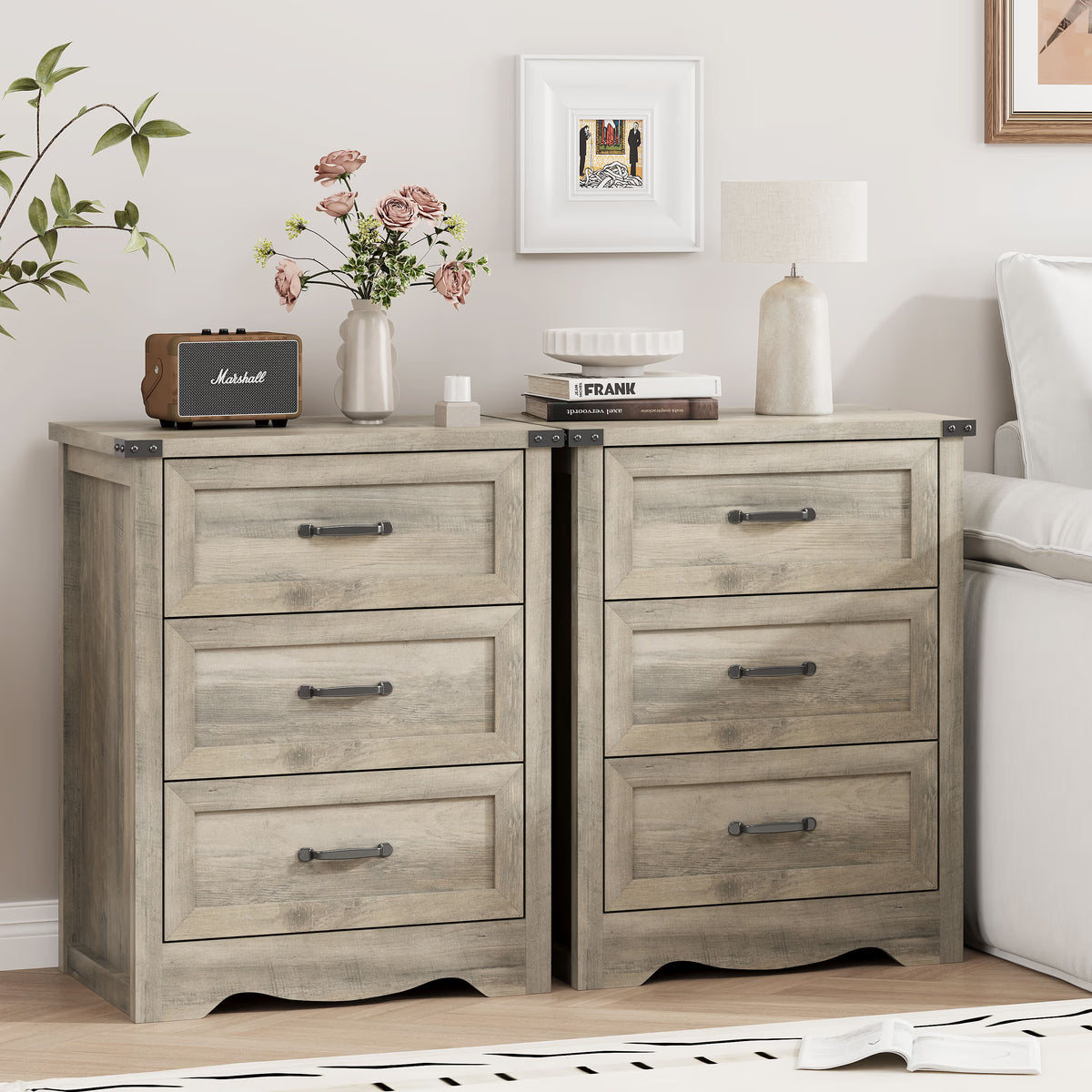 Anymaple Marlow Collection Gray 3-drawer compact dresser with deep storage drawers and black metal handles, paired bedroom storage view