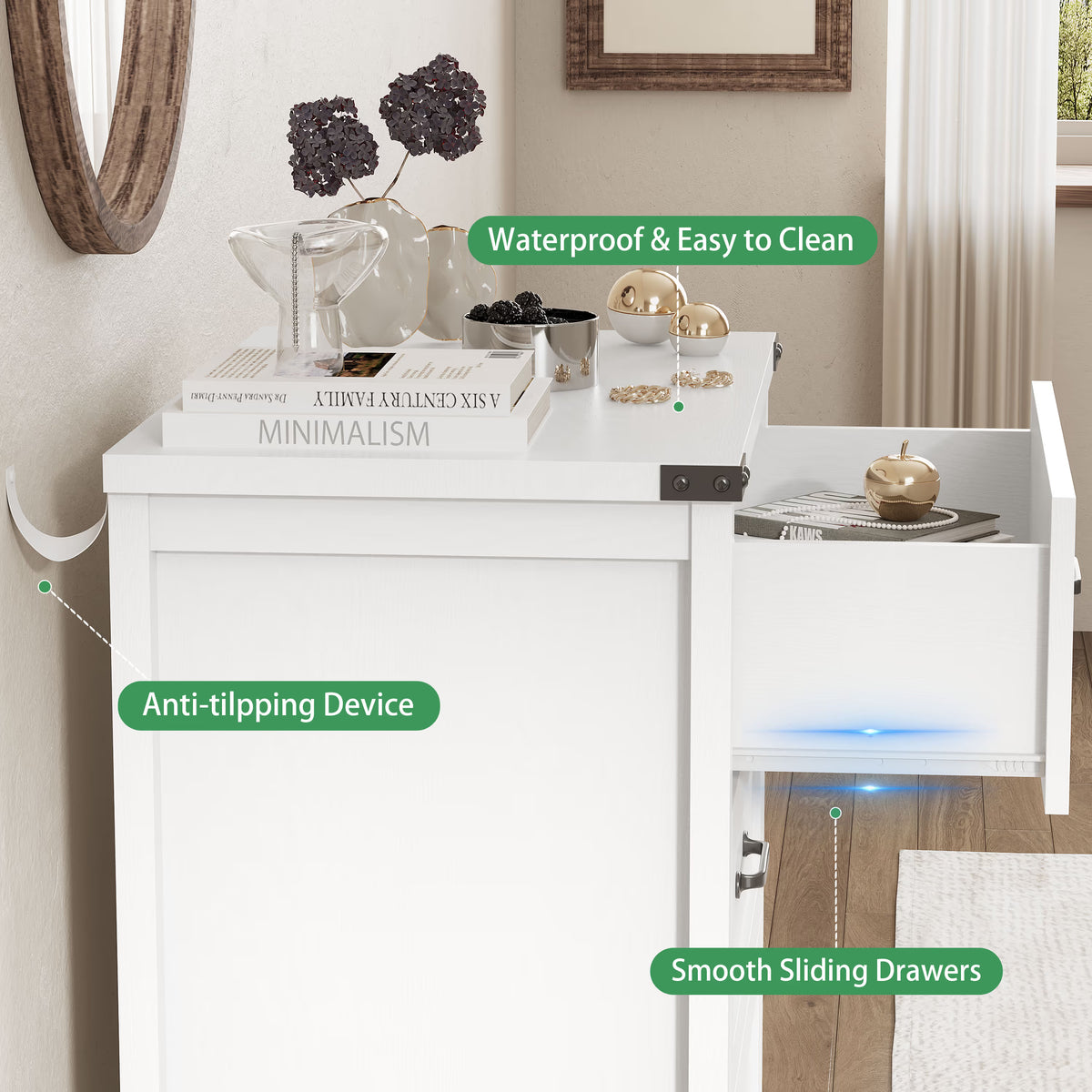 Anymaple Marlow Collection White 3-drawer compact dresser with deep storage drawers and black metal handles, anti-tipping and easy-clean detail