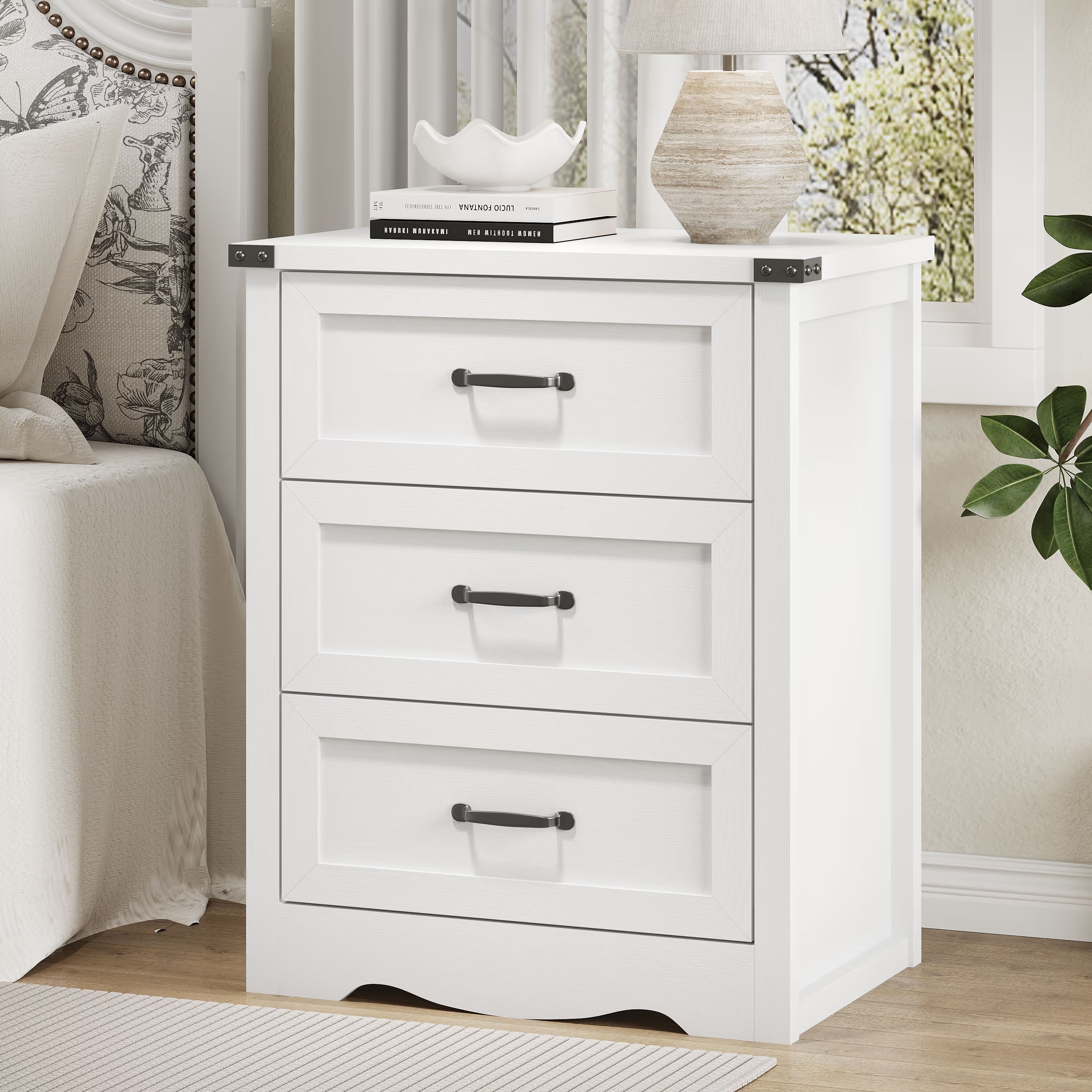 Anymaple Marlow Collection White 3-drawer compact dresser with deep storage drawers and black metal handles, bedroom main view