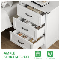 Anymaple Marlow Collection White 3-drawer compact dresser with deep storage drawers and black metal handles, open drawer storage view