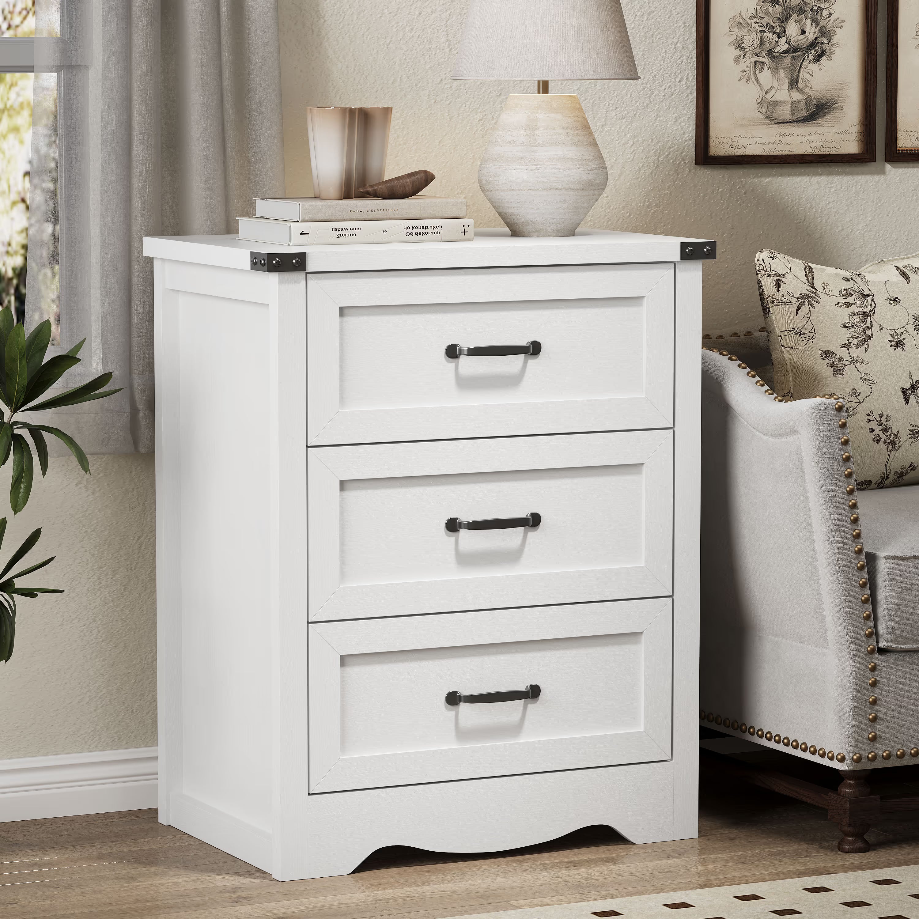 Anymaple Marlow Collection White 3-drawer compact dresser with deep storage drawers and black metal handles, nightstand or side table view