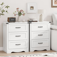 Anymaple Marlow Collection White 3-drawer compact dresser with deep storage drawers and black metal handles, paired bedroom storage view