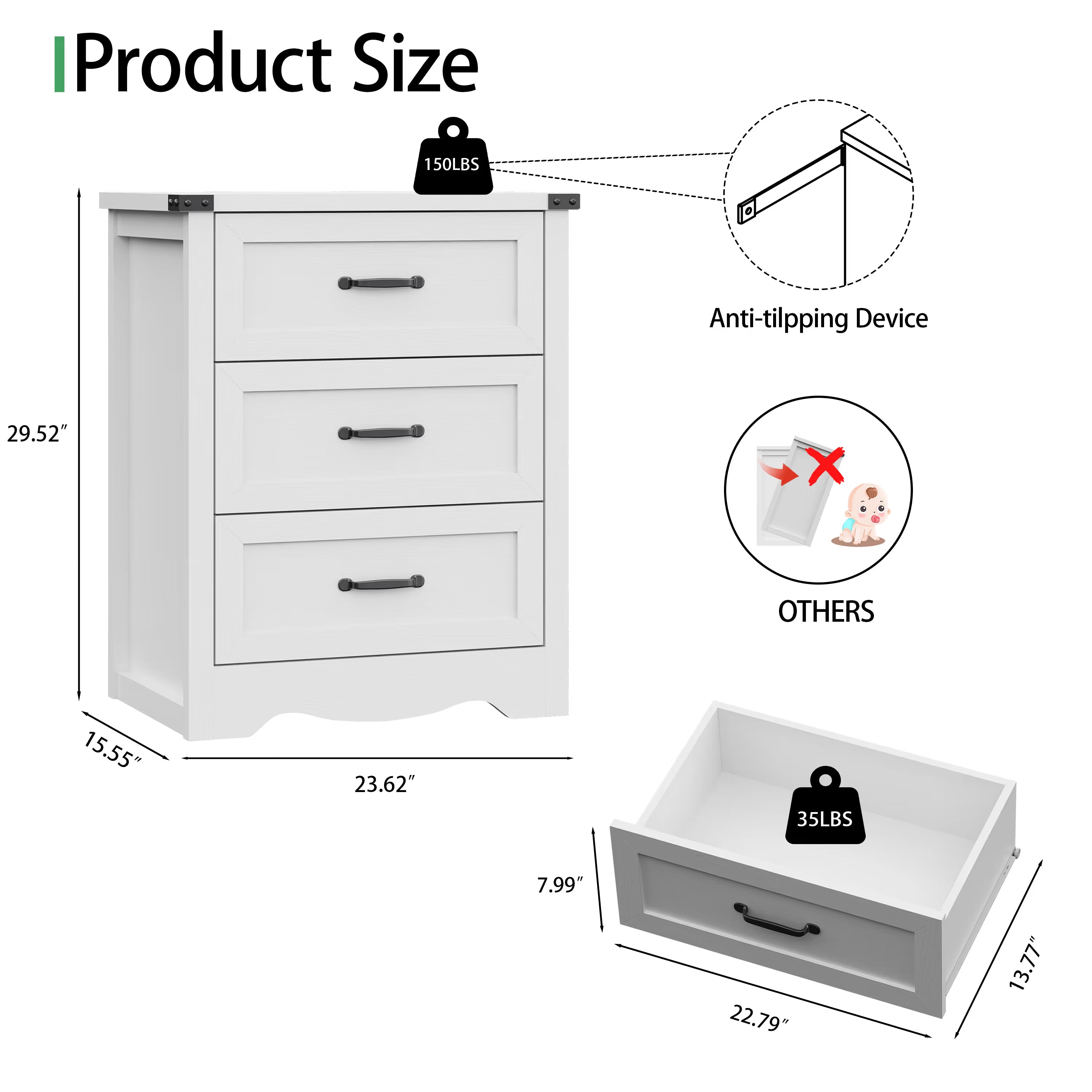 Anymaple Marlow Collection White 3-drawer compact dresser product size dimensions, 24 inch bedroom chest of drawers