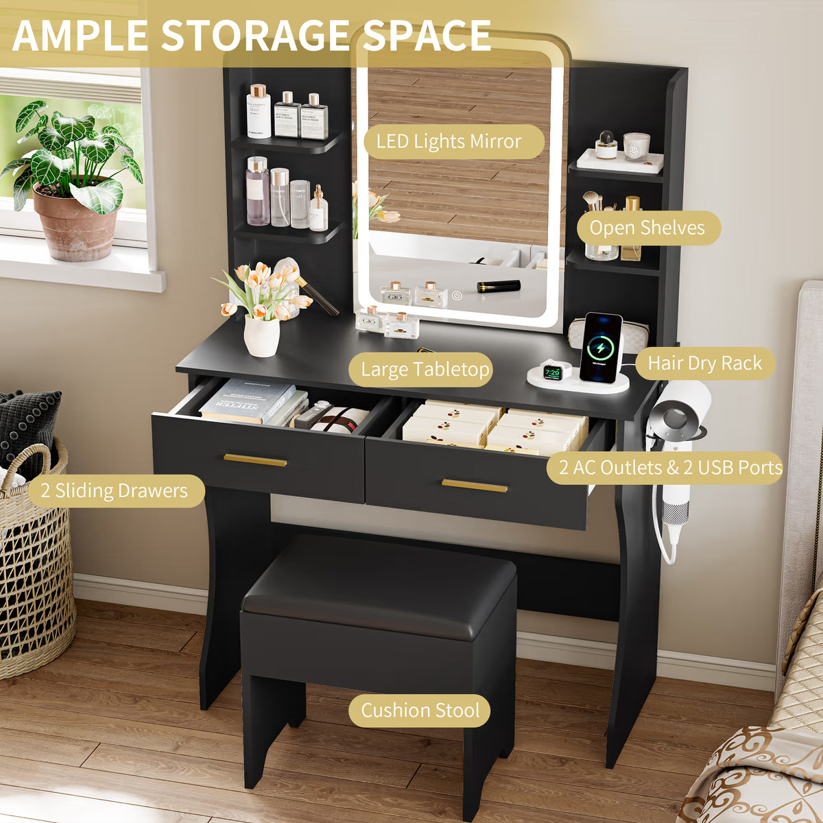 Anymaple Aurelia Black vanity desk with 2 drawers and open shelves for makeup storage