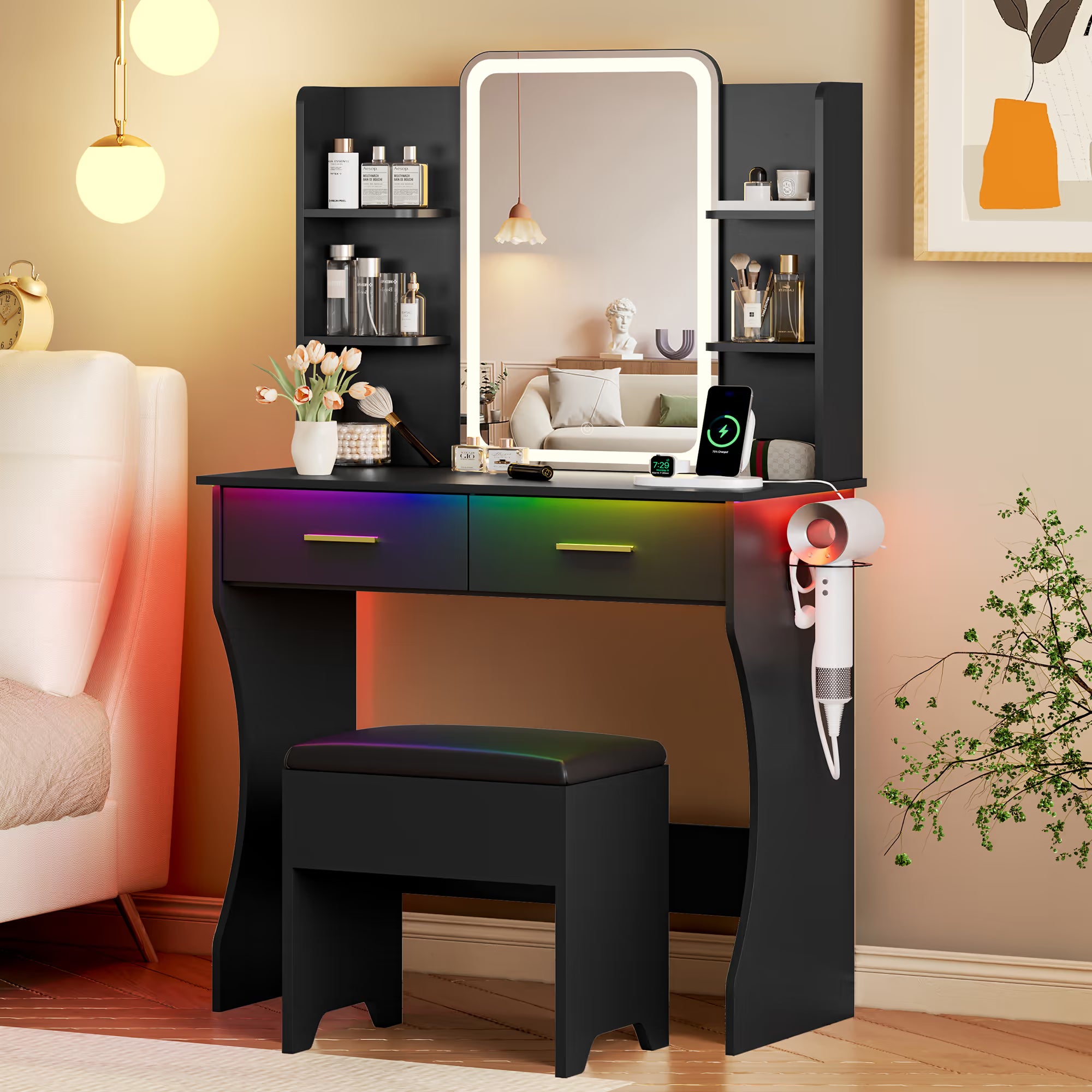 Anymaple Aurelia Black vanity desk with HD lighted mirror and lights for bedroom makeup storage