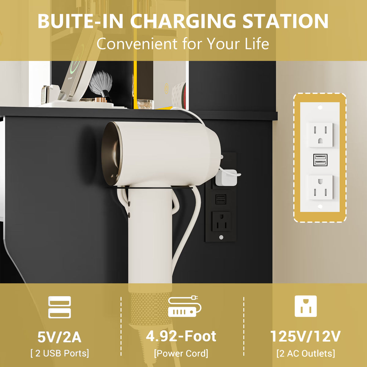Anymaple Aurelia Black vanity desk with built in charging station, outlets USB ports and hair dryer holder