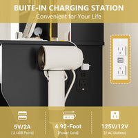Anymaple Aurelia Black vanity desk with built in charging station, outlets USB ports and hair dryer holder