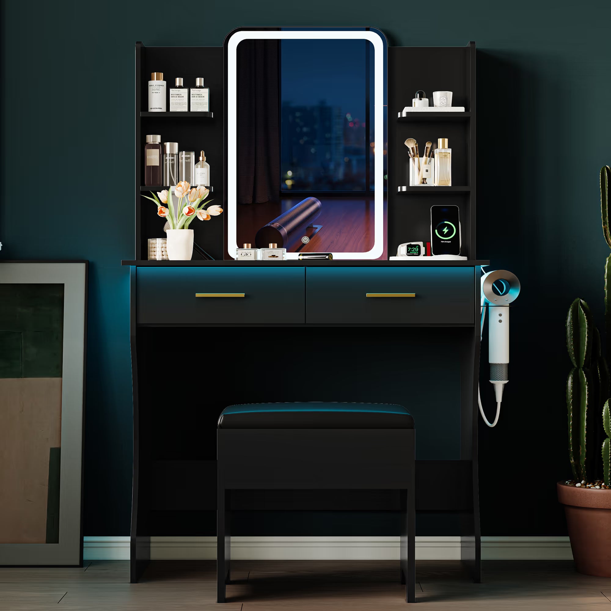 Anymaple Aurelia Black vanity desk with HD lighted mirror and lights for bedroom makeup storage