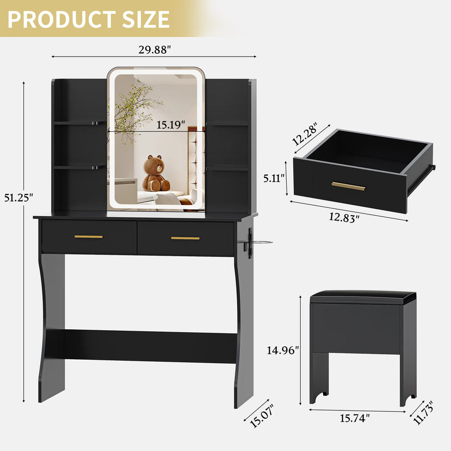 Anymaple Aurelia Black vanity desk product size dimensions, 31 inch makeup vanity with lighted mirror